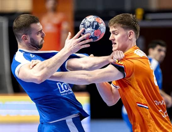 ALMERE - Greece s Theodoros Boskos in action against the Netherlands Driek Manders during the Netherlands-Greece Golden League handball match. The handball players are preparing for the European Championship, EM, Europameisterschaft SEM VAN DER WAL ANP xVIxANPxSportx xxANPxIVx 546719355 originalFilename: 546719355.jpg