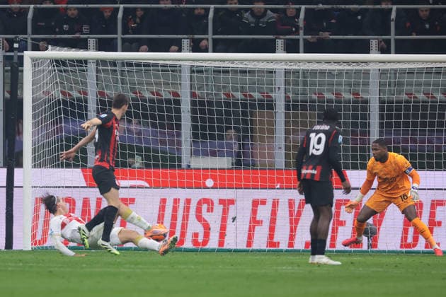 Milan, Italy, 8th January 2026. Lorenzo Colombo of Genoa CFC scores against his former team to give the visitors a 1-0 lead during the AC Milan vs Genoa Serie A match at Giuseppe Meazza, Milan. Picture credit should read: Jonathan Moscrop Sportimage EDITORIAL USE ONLY. No use with unauthorised audio, video, data, fixture lists, club league logos or live services. Online in-match use limited to 120 images, no video emulation. No use in betting, games or single club league player publications. SPI_028_JM_MILAN_GENOA_ SPI-4409-0028