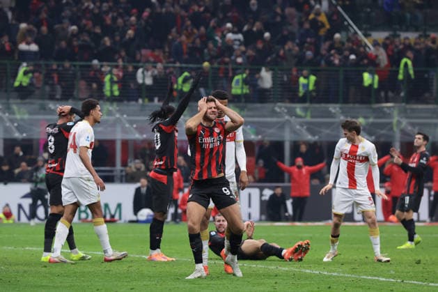 Milan, Italy, 8th January 2026. Niklas Fullkrug of AC Milan reacts after a chance to score is missed during the AC Milan vs Genoa Serie A match at Giuseppe Meazza, Milan. Picture credit should read: Jonathan Moscrop Sportimage EDITORIAL USE ONLY. No use with unauthorised audio, video, data, fixture lists, club league logos or live services. Online in-match use limited to 120 images, no video emulation. No use in betting, games or single club league player publications. SPI_055_JM_MILAN_GENOA_ SPI-4409-0055