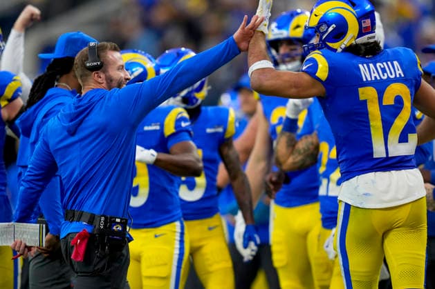 January 4, 2026, Los Angeles, Ca, United States: LOS ANGELES, CA - JANUARY 4: Sean McVay, head coach of the Los Angeles Rams celebrates with Puka Nacua 12 of the Los Angeles Rams during a game between Arizona Cardinals and Los Angeles Rams at SoFi Stadium on January 4, 2026 in Los Angeles, California. Los Angeles United States - ZUMAt139 20260104_aaa_t139_018 Copyright: xMelindaxMeijer IsixPhotosx