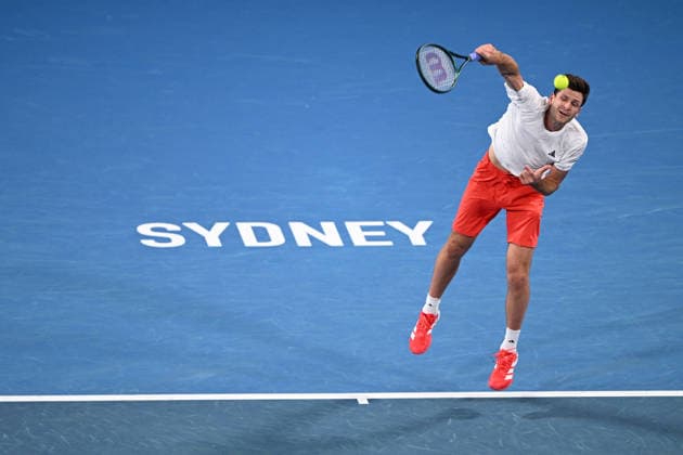 TENNIS UNITED CUP SYDNEY, Hubert Hurkacz of Poland serves during the quarterfinal match against Alex de Minaur of Australia in the 2026 United Cup at Ken Rosewall Arena in Sydney, Friday, January 9, 2026. ( NO ARCHIVING, EDITORIAL USE ONLY SYDNEY NEW SOUTH WALES AUSTRALIA  Copyright: xDANxHIMBRECHTSx 20260109136957570459