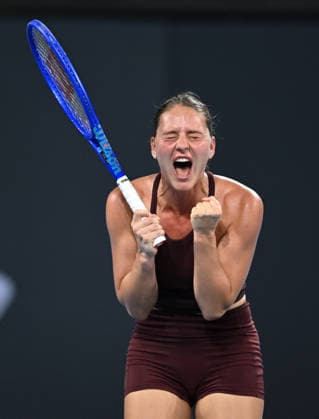 TENNIS BRISBANE INTERNATIONAL, Marta Kostyuk of Ukraine celebrates winning against Mirra Andreeva of Russia during the quarter-finals of the Brisbane International tennis tournament at Pat Rafter Arena in Brisbane, Friday, January 9, 2026. ( NO ARCHIVING, EDITORIAL USE ONLY BRISBANE QUEENSLAND AUSTRALIA  Copyright: xDARRENxENGLANDx 20260109190011187624