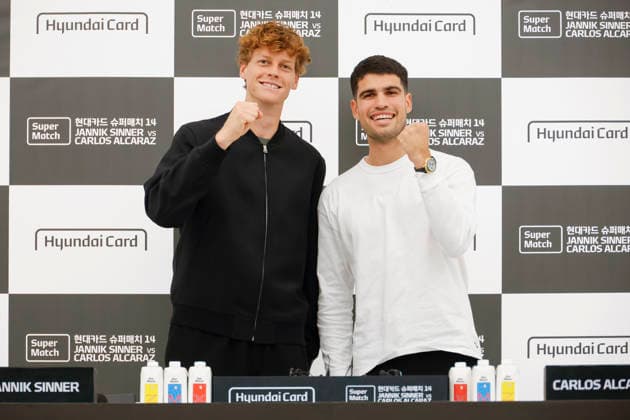 Sinner v Alcaraz tennis super match in South Korea Jannik Sinner (L) of Italy and Carlos Alcaraz (R) of Spain attend a press conference, PK, Pressekonferenz for the Hyundai Card Super Match at the Hyundai Card headquarters in Seoul, South Korea on January 09, 2026. Seoul South Korea  Copyright: xMatrixxImages JungxUi-Chelx