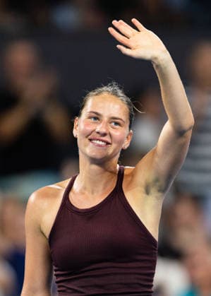 January 9, 2026, Brisbane, Qld, Australia: MARTA KOSTYUK of Ukraine celebrates after winning her WomenÃ¢â‚¬â ¢s Singles quarterfinal match (7-6 6-3) against MIRRA ANDREEVA of Russia at the Brisbane International. Brisbane Australia - ZUMAt173 20260109_zsp_t173_052 Copyright: xStephanexThomasx