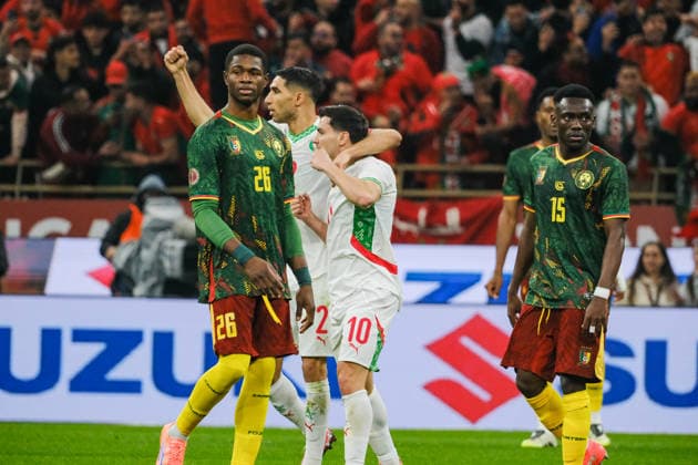 The Breakthrough: Brahim Diaz Fires Morocco into the Lead Against Cameroon RABAT, MOROCCO - JANUARY 9, 2026: Morocco™s star forward Brahim Diaz (10) reacts after scoring the opening goal in the 26th minute of the AFCON 2025 quarter-final against Cameroon. Following a corner from Achraf Hakimi and a parried header from Ayoub El Kaabi, Diaz pounced on the loose ball to secure his 5th goal of the tournament. The host nation leads 1-0 at the Prince Moulay Abdellah Stadium