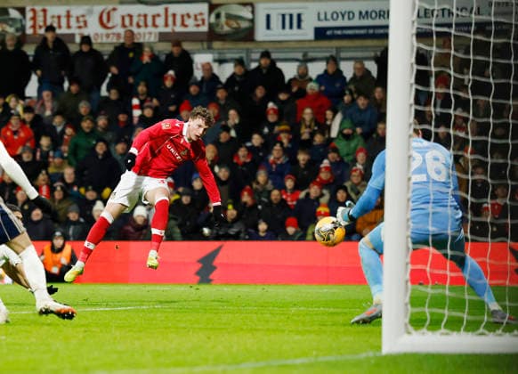 Wrexham, Wales, 9th January 2026. Nathan Broadhead of Wrexham has a shot saved during the Wrexham vs Nottingham Forest FA Cup third round match at the SToK Cae Ras, Wrexham. Picture credit should read: Cody Froggatt Sportimage EDITORIAL USE ONLY. No use with unauthorised audio, video, data, fixture lists, club league logos or live services. Online in-match use limited to 120 images, no video emulation. No use in betting, games or single club league player publications. SPI_052_CF_Wrexham_Forest SPI-4440-0054