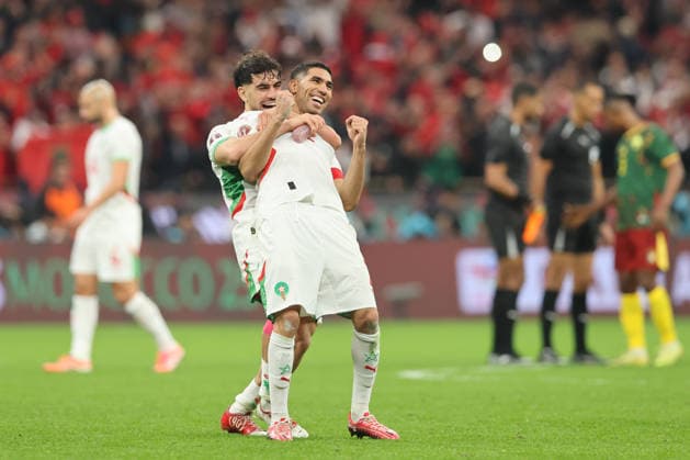 TotalEnergies CAF AFACON Morocco 2025 - Morocco - Cameroon -Stade Moulay Abdellah - Rabat - Morocco ACHRAF HAKIMI (2) and ABDESSAMAD EZZALZOULI (17) celebrates qualifying for the semi-finals in the match that brought together Morocco and Cameroon during the 2025 Africa Cup of Nations at Prince Moulay Abdellah Stadium in Rabat, on January 9, 2026. Copyright: xloulidiphotox