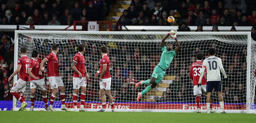9th January 2026; Racecourse Ground, Wrexham, Wales; FA Cup Football, Wrexham versus Nottingham Forest; Arthur Okonkwo of Wrexham AFC saves a free kick  RogerxEvans Content restricted for UK based newspaper