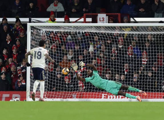 9th January 2026; Racecourse Ground, Wrexham, Wales; FA Cup Football, Wrexham versus Nottingham Forest; Arthur Okonkwo of Wrexham AFC saves the second penalty from Igor Jesus of Nottingham Forest for 4-4  RogerxEvans Content restricted for UK based newspaper