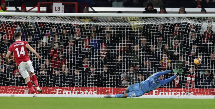 9th January 2026; Racecourse Ground, Wrexham, Wales; FA Cup Football, Wrexham versus Nottingham Forest; George Thomason of Wrexham AFC scores their forth penalty for 6-5  RogerxEvans Content restricted for UK based newspaper