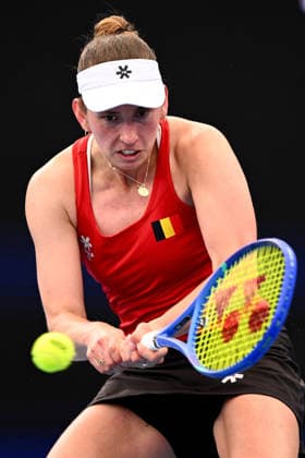 TENNIS UNITED CUP SYDNEY, Elise Mertens of Belgium plays a return shot against Belinda Bencic of Switzerland during the semi final of the 2026 United Cup at Ken Rosewall Arena in Sydney, Saturday, January 10, 2026. ( NO ARCHIVING, EDITORIAL USE ONLY SYDNEY NEW SOUTH WALES AUSTRALIA  Copyright: xDANxHIMBRECHTSx 20260110197258802947