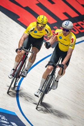 WINKLER Oskar, FYNBO Anders: Sixdays Bremen 2026 Team 7 - BO CONCEPT - WINKLER Oskar ( DEN ) - Black - FYNBO Anders ( DEN ) - Red Hochformat - Hoch - Vertikal - Portrait - Event Veranstaltung: Sixdays Bremen 2026 - Category Kategorie: Cycling - Track cycling, Rad, Radsport, Bahnrad, Bahn Sixdays - Elite Men - Location Ort: Europe Germany - Bremen - ÖVB Arena - Discipline: Madison - Distance: 45 min - Date Datum: 09.01.2026 Friday Day 1 -