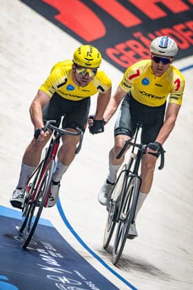 WINKLER Oskar, FYNBO Anders: Sixdays Bremen 2026 Team 7 - BO CONCEPT - WINKLER Oskar ( DEN ) - Black - FYNBO Anders ( DEN ) - Red Hochformat - Hoch - Vertikal - Portrait - Event Veranstaltung: Sixdays Bremen 2026 - Category Kategorie: Cycling - Track cycling, Rad, Radsport, Bahnrad, Bahn Sixdays - Elite Men - Location Ort: Europe Germany - Bremen - ÖVB Arena - Discipline: Madison - Distance: 45 min - Date Datum: 09.01.2026 Friday Day 1 -