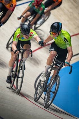 BOOS Benjamin, MOORE Peter: Sixdays Bremen 2026 Team 11 - COURTYARD BY MARRIOTT - BOOS Benjamin ( GER ) - Black - MOORE Peter ( USA ) - Red Hochformat - Hoch - Vertikal - Portrait - Event Veranstaltung: Sixdays Bremen 2026 - Category Kategorie: Cycling - Track cycling, Rad, Radsport, Bahnrad, Bahn Sixdays - Elite Men - Location Ort: Europe Germany - Bremen - ÖVB Arena - Discipline: Madison - Distance: 45 min - Date Datum: 09.01.2026 Friday Day 1 -