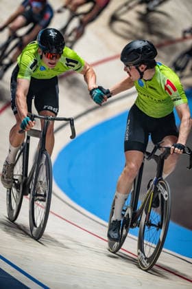 BOOS Benjamin, MOORE Peter: Sixdays Bremen 2026 Team 11 - COURTYARD BY MARRIOTT - BOOS Benjamin ( GER ) - Black - MOORE Peter ( USA ) - Red Hochformat - Hoch - Vertikal - Portrait - Event Veranstaltung: Sixdays Bremen 2026 - Category Kategorie: Cycling - Track cycling, Rad, Radsport, Bahnrad, Bahn Sixdays - Elite Men - Location Ort: Europe Germany - Bremen - ÖVB Arena - Discipline: Madison - Distance: 45 min - Date Datum: 09.01.2026 Friday Day 1 -