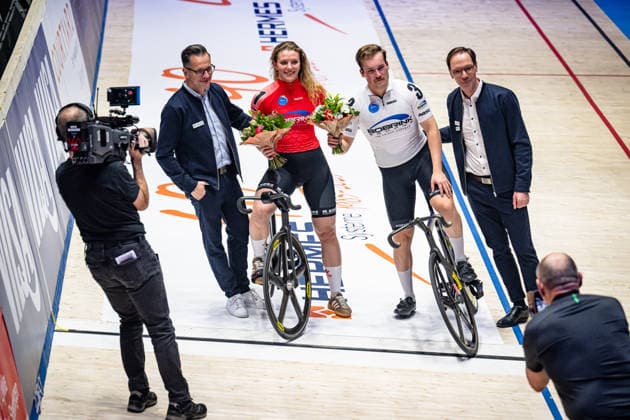 PRÖPSTER Alessa Catriona, BOCK Benjamin: Sixdays Bremen 2026 Team 1 - BOBRINK - PRÖPSTER Alessa Catriona ( GER ) - Team 3 - BOBRINK - BOCK Benjamin ( GER ) - Award Ceremony - Medal Ceremony - Podium - Querformat - quer - horizontal - Landscape - Event Veranstaltung: Sixdays Bremen 2026 - Category Kategorie: Cycling - Track cycling, Rad, Radsport, Bahnrad, Bahn Sixdays - Elite Men and Women - Location Ort: Europe Germany - Bremen - ÖVB Arena - Discipline: Sprint - Distance: 166 m - Date Datum: 09.01.2026 Friday Day 1 -