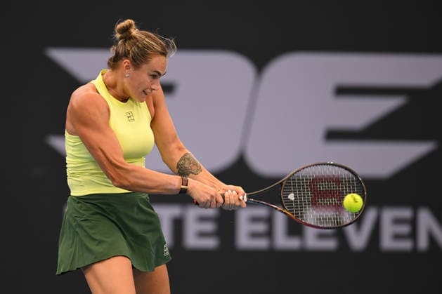 TENNIS BRISBANE INTERNATIONAL, Aryna Sabalenka of Belarus in action against Karolina Muchova of Czechia during the semi-finals of the Brisbane International tennis tournament at Pat Rafter Arena in Brisbane, Saturday, January 10, 2026. ( NO ARCHIVING, EDITORIAL USE ONLY BRISBANE QUEENSLAND AUSTRALIA  Copyright: xZAINxMOHAMMEDx 20260110133073947150