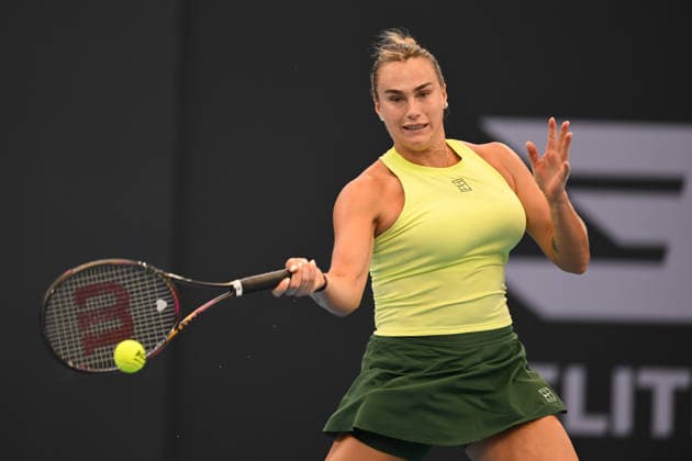 TENNIS BRISBANE INTERNATIONAL, Aryna Sabalenka of Belarus in action against Karolina Muchova of Czechia during the semi-finals of the Brisbane International tennis tournament at Pat Rafter Arena in Brisbane, Saturday, January 10, 2026. ( NO ARCHIVING, EDITORIAL USE ONLY BRISBANE QUEENSLAND AUSTRALIA  Copyright: xZAINxMOHAMMEDx 20260110159788301804