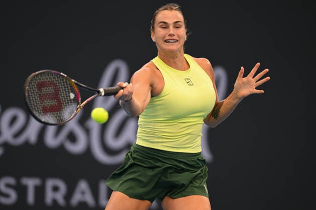 TENNIS BRISBANE INTERNATIONAL, Aryna Sabalenka of Belarus in action against Karolina Muchova of Czechia during the semi-finals of the Brisbane International tennis tournament at Pat Rafter Arena in Brisbane, Saturday, January 10, 2026. ( NO ARCHIVING, EDITORIAL USE ONLY BRISBANE QUEENSLAND AUSTRALIA  Copyright: xZAINxMOHAMMEDx 20260110130398846725