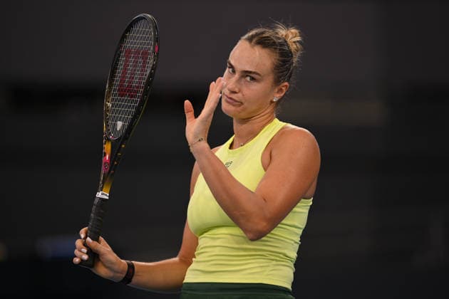 TENNIS BRISBANE INTERNATIONAL, Aryna Sabalenka of Belarus in reacts against Karolina Muchova of Czechia during the semi-finals of the Brisbane International tennis tournament at Pat Rafter Arena in Brisbane, Saturday, January 10, 2026. ( NO ARCHIVING, EDITORIAL USE ONLY BRISBANE QUEENSLAND AUSTRALIA  Copyright: xZAINxMOHAMMEDx 20260110186816936695