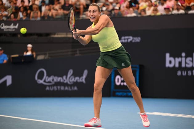 TENNIS BRISBANE INTERNATIONAL, Aryna Sabalenka of Belarus in action against Karolina Muchova of Czechia during the semi-finals of the Brisbane International tennis tournament at Pat Rafter Arena in Brisbane, Saturday, January 10, 2026. ( NO ARCHIVING, EDITORIAL USE ONLY BRISBANE QUEENSLAND AUSTRALIA  Copyright: xZAINxMOHAMMEDx 20260110123484266370