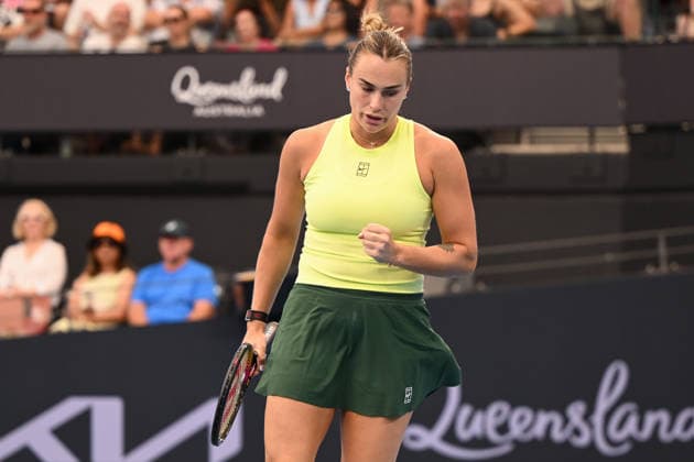 TENNIS BRISBANE INTERNATIONAL, Aryna Sabalenka of Belarus reacts against Karolina Muchova of Czechia during the semi-finals of the Brisbane International tennis tournament at Pat Rafter Arena in Brisbane, Saturday, January 10, 2026. ( NO ARCHIVING, EDITORIAL USE ONLY BRISBANE QUEENSLAND AUSTRALIA  Copyright: xZAINxMOHAMMEDx 20260110172483322670