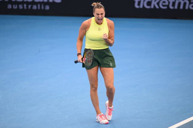 TENNIS BRISBANE INTERNATIONAL, Aryna Sabalenka of Belarus in action against Karolina Muchova of Czechia during the semi-finals of the Brisbane International tennis tournament at Pat Rafter Arena in Brisbane, Saturday, January 10, 2026. ( NO ARCHIVING, EDITORIAL USE ONLY BRISBANE QUEENSLAND AUSTRALIA  Copyright: xZAINxMOHAMMEDx 20260110183475085387
