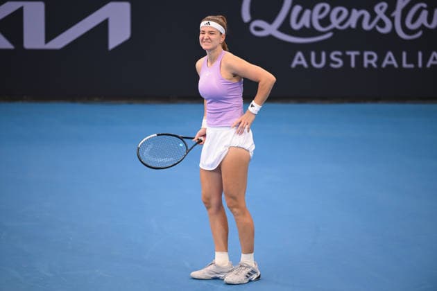 TENNIS BRISBANE INTERNATIONAL, Karolina Muchova of Czechia reacts against Aryna Sabalenka of Belarus during the semi-finals of the Brisbane International tennis tournament at Pat Rafter Arena in Brisbane, Saturday, January 10, 2026. ( NO ARCHIVING, EDITORIAL USE ONLY BRISBANE QUEENSLAND AUSTRALIA  Copyright: xZAINxMOHAMMEDx 20260110117039360044