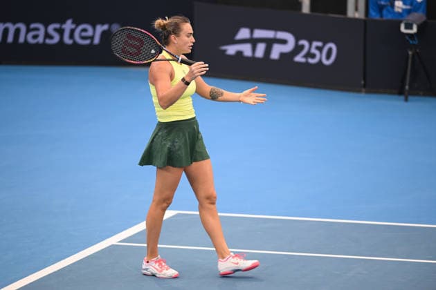 TENNIS BRISBANE INTERNATIONAL, Aryna Sabalenka of Belarus in action against Karolina Muchova of Czechia during the semi-finals of the Brisbane International tennis tournament at Pat Rafter Arena in Brisbane, Saturday, January 10, 2026. ( NO ARCHIVING, EDITORIAL USE ONLY BRISBANE QUEENSLAND AUSTRALIA  Copyright: xZAINxMOHAMMEDx 20260110195575213439
