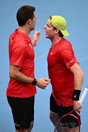TENNIS UNITED CUP SYDNEY, Zizou Bergs of Belgium (right) celebrates with team captain Christopher Heyman after defeating Stan Wawrinka of Switzerland during the semi final between Switzerland and Belgium in the 2026 United Cup at Ken Rosewall Arena in Sydney, Saturday, January 10, 2026. ( NO ARCHIVING, EDITORIAL USE ONLY SYDNEY NEW SOUTH WALES AUSTRALIA  Copyright: xDANxHIMBRECHTSx 20260110163357952433