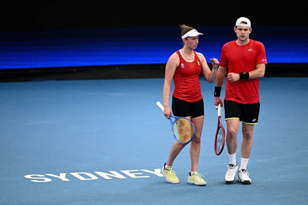 TENNIS UNITED CUP SYDNEY, Elise Mertens and Zizou Bergs of Belgium in their mixed doubles match against Belinda Bencic and Jakub Paul of Switzerland, during the semi final between Switzerland and Belgium in the 2026 United Cup at Ken Rosewall Arena in Sydney, Saturday, January 10, 2026. ( NO ARCHIVING, EDITORIAL USE ONLY SYDNEY NEW SOUTH WALES AUSTRALIA  Copyright: xDANxHIMBRECHTSx 20260110189667589200