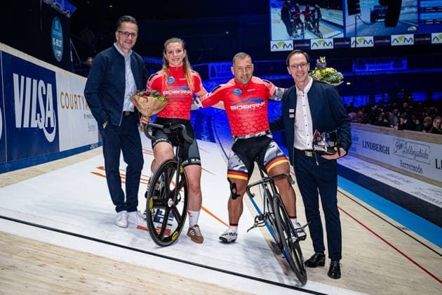 PRÖPSTER Alessa Catriona, FÖRSTEMANN Robert: Sixdays Bremen 2026 Team 1 - BOBRINK - PRÖPSTER Alessa Catriona ( GER ) - FÖRSTEMANN Robert ( GER ) Award Ceremony - Medal Ceremony - Podium - Querformat - quer - horizontal - Landscape - Event Veranstaltung: Sixdays Bremen 2026 - Category Kategorie: Cycling - Track cycling, Rad, Radsport, Bahnrad, Bahn Sixdays - Elite Men and Women - Location Ort: Europe Germany - Bremen - ÖVB Arena - Discipline: Sprint - Distance: ... m - Date Datum: 09.01.2026 Friday Day 1 -