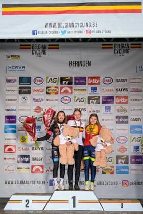 Belgian Siel Vannoppen, Belgian julia Boulton and Belgian Marthe Hannes pictured on the podium after the Novices 1st year women race at the Belgian Cyclocross Championships in Beringen on Saturday 10 January 2026. DAVIDxPINTENS  x154941093x