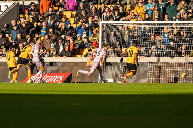 10th January 2026; Molineux Stadium, Wolverhampton, West Midlands, England; FA Cup Football, Wolverhampton Wanderers versus Shrewsbury Town; Jorgen Strand Larsen of Wolverhampton Wanderers scores in the 9th minute to make the score 1-0  GodfreyxPitt Content restricted for UK based newspaper