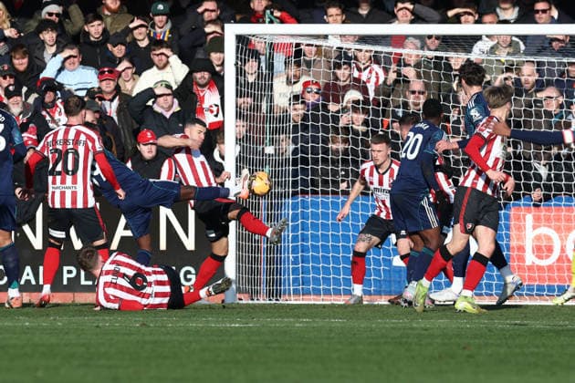 Cheltenham Town v Leicester City, FA Cup, 3rd Round Cheltenham Town defender James Wilson (5) clears off the line from Leicester City Forward Silko Thomas (39) during the FA Cup match between Cheltenham Town and Leicester City at EV Charger Points Stadium, Cheltenham, UK on 10 January 2026. Cheltenham Jonny Rocks Stadium Gloucestershire UK Editorial use only DataCo restrictions apply See www.football-dataco.com , Copyright: xJohnxMallettx PSI-23561-0058