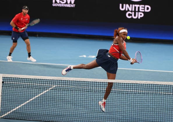 January 10, 2026, Sydney, New South Wales, Australia: COCO GAUFF and CHRISTIAN HARRISON of USA during the match against Poland in the mikst competition of semifinals United Cup at Ken Rosewall Arena, Sydney, Australia. Sydney Australia - ZUMAc278 20260110_zsp_c278_069 Copyright: xMarcinxCholewinskix