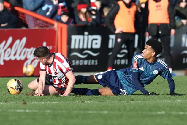 Cheltenham Town v Leicester City, FA Cup, 3rd Round Leicester City midfielder Louis Page (25) wins the ball from Cheltenham Town midfielder Liam Kinsella (4) during the FA Cup match between Cheltenham Town and Leicester City at EV Charger Points Stadium, Cheltenham, UK on 10 January 2026. Cheltenham Jonny Rocks Stadium Gloucestershire UK Editorial use only DataCo restrictions apply See www.football-dataco.com , Copyright: xJohnxMallettx PSI-23561-0062