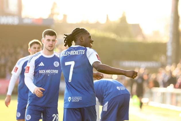 Isaac Buckley-Ricketts of Macclesfield FC scores a goal and cerlebrates 2-0. Macclesfield v Crystal Palace, Emirates FA Cup, Third Round, Football, Leasing.com Stadium, Macclesfield, UK - 10 Jan 2026Macclesfield Moss Rose United Kingdom EDITORIAL USE ONLY No use with unauthorised audio, video, data, fixture lists, club league logos or live services. Online in-match use limited to 120 images, no video emulation. No use in betting, games or single club league player publications. Copyright: xRyanxBrowne Shutterstockx 16246200ch