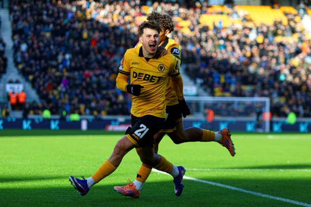 Rodrigo Gomes (21 Wolves) celebrates scoring the fifth goal for Wolves during the FA Cup football match between Wolverhampton Wanderers and Shrewsbury Town at Molineux stadium in Wolverhampton, England Copyright: xNataliexMincher SPPx Sportspressphoto_SPR80259