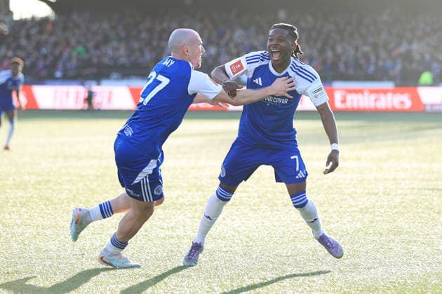 Football - FA Cup - 3rd Round - Macclesfield v Crystal Palace 10th January 2026 - FA Cup - 3rd Round - Macclesfield v Crystal Palace - Isaac Buckley-Ricketts of Macclesfield (R) celebrates with teammate Josh Kay of Macclesfield after scoring their 2nd goal - Photo: Simon Stacpoole Offside. Macclesfield UK Copyright: xSimonxStacpoolexOffside