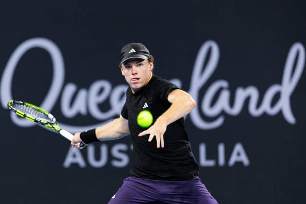 January 10, 2026, Brisbane, Qld, Australia: ALEX MICHELSEN of the United States plays a forehand during his MenÃ¢â‚¬â ¢s Singles semifinal match against DANIIL MEDVEDEV of Russia at the Brisbane International. Brisbane Australia - ZUMAt173 20260110_zsp_t173_028 Copyright: xStephanexThomasx