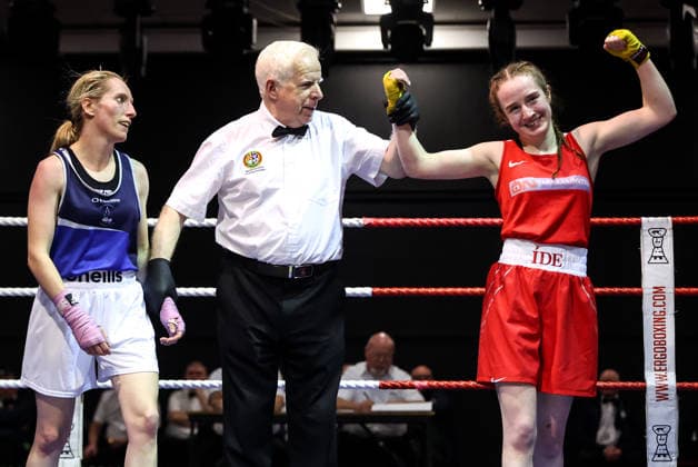 2026 National Elite Championships, National Stadium, Dublin 10 1 2026 48kg Bout (Red) Ide Cashell celebrates winning againts Carol Coughlan (Blue) Ide Cashell celebrates winning againts Carol Coughlan 10 1 2026  Copyright: x INPHO DanxClohessyx 3L7A5667