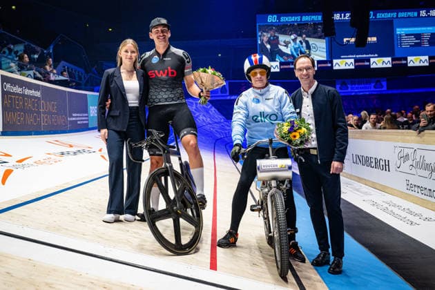 AUGENSTEIN Moritz: Sixdays Bremen 2026 Team 9 - SWB - AUGENSTEIN Moritz ( GER ) - Black Team 1 - BÄUERLEIN Peter ( GER ) - Pacemaker - Award Ceremony - Medal Ceremony - Podium - Querformat - quer - horizontal - Landscape - Event Veranstaltung: Sixdays Bremen 2026 - Category Kategorie: Cycling - Track cycling, Rad, Radsport, Bahnrad, Bahn Sixdays - Elite Men - Location Ort: Europe Germany - Bremen - ÖVB Arena - Discipline: Derny Race - Distance: ... m - Date Datum: 09.01.2026 Friday Day 1 -