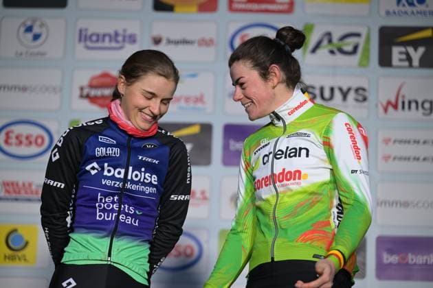 Second Belgian Fleur Moors and Winner Belgian champion Marion Norbert Riberolle pictured on the podium of the Women elite race at the Belgian Cyclocross Championships in Beringen on Saturday 10 January 2026. DAVIDxPINTENS  x154975228x