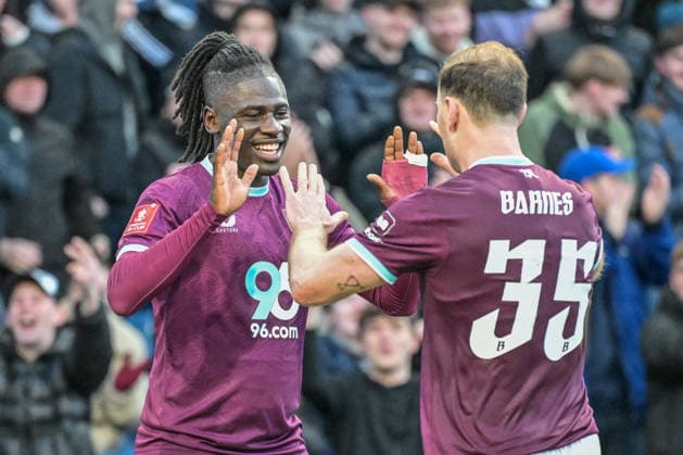 10th January 2026; Turf Moor, Burnley, Lancashire, England; FA Cup Football, Burnley versus Millwall; Loum Tchaouna of Burnley celebrates with Ashley Barnes after scoring in the 35th minute to go 2-0  LeexDurkin