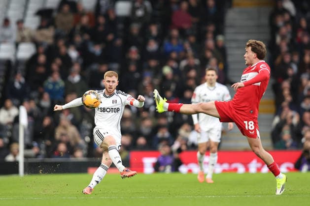 10th January 2026; Craven Cottage, Fulham, London, England; FA Cup Football, Fulham versus Middlesbrough; Harrison Reed of Fulham passing with Aidan Morris of Middlesbrough attempting to block  KatiexChan