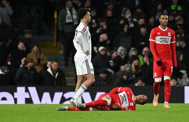 Fulham v Middlesbrough Emirates FA Cup Samuel Silvera of Middlesbrough goes down injured during the Emirates FA Cup Third Round match at Craven Cottage, London 10 01 2026 UK Newspapers OUT Copyright: xNigelxBramleyx FIL-22780-0050
