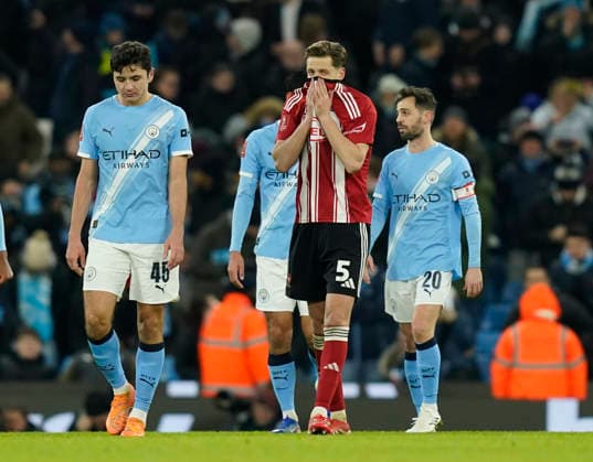 Manchester, England, 10th January 2026. Jack Fitzwater of Exeter City dejected during the Manchester City vs Exeter City FA Cup match at the Etihad Stadium, Manchester. Picture credit should read: Andrew Yates Sportimage EDITORIAL USE ONLY. No use with unauthorised audio, video, data, fixture lists, club league logos or live services. Online in-match use limited to 120 images, no video emulation. No use in betting, games or single club league player publications. SPI_062_AY_Man_City_Exeter SPI-4442-0060