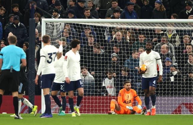 Spurs dejection after the second Villa goal (0-2) at the Tottenham Hotspur v Aston Villa Emirates FA Cup match, at the Tottenham Hotspur Stadium, London, UK on 10th January, 2026. 