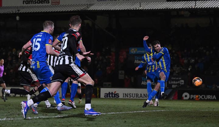 Louis Britton of Weston-super-Mare scores the team s second goal Grimsby Town v Weston Super Mare, Emirates FA Cup, Third Round, Football, Blundell Park, Grimsby, UK - 10 Jan 2026Grimsby Blundell Park United Kingdom EDITORIAL USE ONLY No use with unauthorised audio, video, data, fixture lists, club league logos or live services. Online in-match use limited to 120 images, no video emulation. No use in betting, games or single club league player publications. Copyright: xAnnaxGowthorpe Shutterstockx 16246310aj